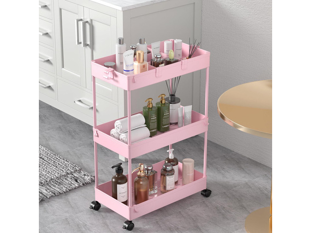 3 Tier Rolling Cart with Wheels, Storage Craft Art Trolley Organizer Serving, 3 Hanging Baskets Easy Assembly, for Office, Living Room, Kitchen, Pink