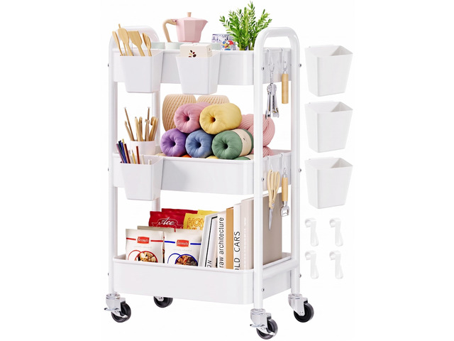 3 Tier Rolling Cart Metal with Wheels, White Three Tiered Carts on Wheels Utility Roller Storage Shelf Organizer for Craft, Art, Baby Nursery,...