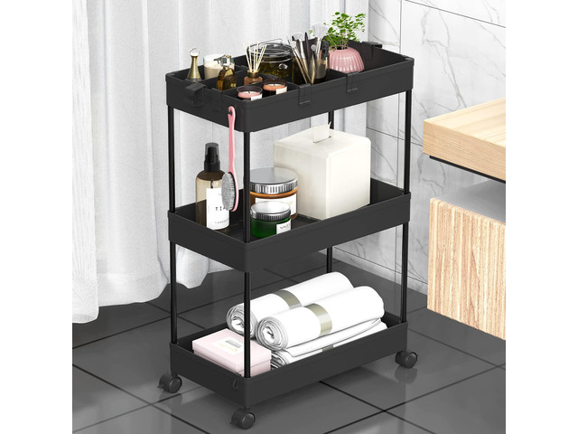 3 Tier Rolling Cart with Wheels, Storage Craft Art Trolley Organizer Serving, 3 Hanging Baskets Easy Assembly, for Office, BathroomLiving Room,...