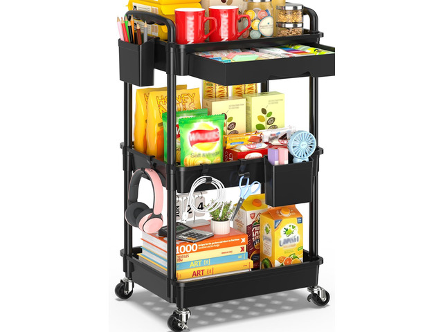 3 Tier Rolling Cart with Drawer, Craft Storage Cart Organizer,Black Bathroom Storage Organizer with 2 Lockable Wheels, Rolling Utility Cart for...