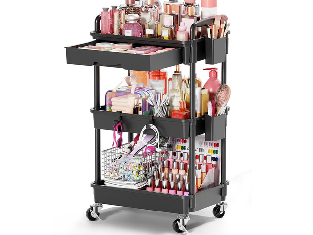 Rolling Makeup Organizer Cart with Removable Drawer, 3 Tier Black Stable Floor Skincare Storage Cart for Vanity, Cosmetic Display, Nail Polish,...