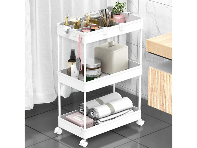 3 Tier Rolling Cart with Wheels, Storage Craft Art Trolley Organizer Serving, 3 Hanging Baskets Easy Assembly, for Office, BathroomLiving Room,...