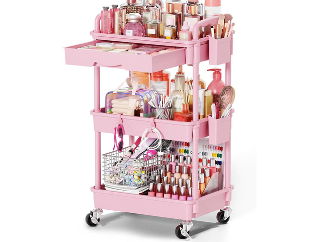 Rolling Makeup Organizer Cart with Removable Drawer, 3 Tier Pink Stable Floor Skincare Storage Cart for Vanity, Cosmetic Display, Nail Polish,...