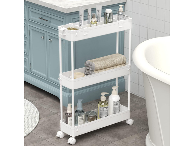 Slim Storage Cart 3 Tier,Bathroom Organizer Rolling Utility, Mobile Shelving Unit Slide Out for Office, Kitchen, Laundry Room & Narrow Places,White