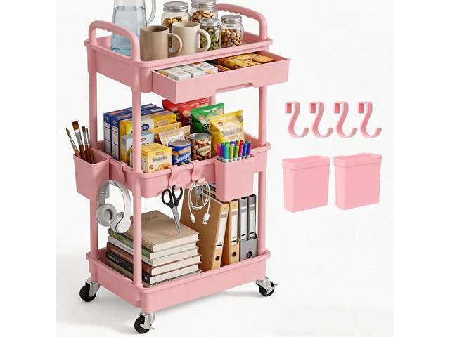 3 Tier Rolling Utility Cart with Drawer, Plastic Storage Organizer Rolling Carts with Wheels Handles Hanging Cups Hooks for Office, Bathroom,...
