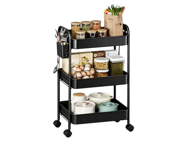 Heavy-Duty Rolling Cart 3 Tier Metal Utility Storage Cart with Casters, Hooks & Hanging Cups, Rolling Storage Organizer for Kitchen Office Craft...