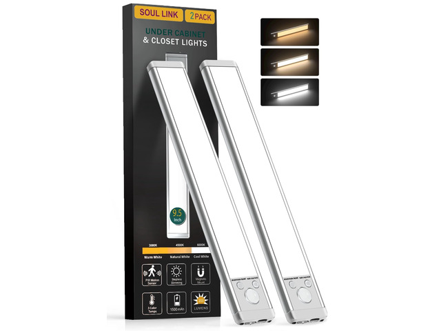 2-Pack 9.5' 76-LED Motion Sensor Under Cabinet Lights, Wireless Button control, 1500mAh rechargeable batteries, magnetic mounting, dimming and 3...