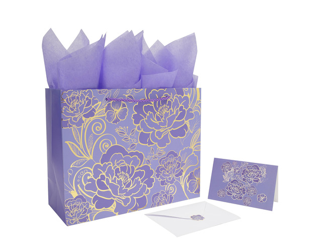 13' Large Rose Purple Gift Bag Set with Greeting Card and Tissue Paper for Women or Girls for Celebrating Birthdays, Mother's Day, Valentine's Day,...