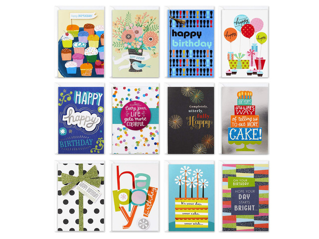 Birthday Cards with Envelopes, Assorted 12-Pack (Happy!) Hand-embellished details with glitter and ribbon. White envelopes included. Premium paper...
