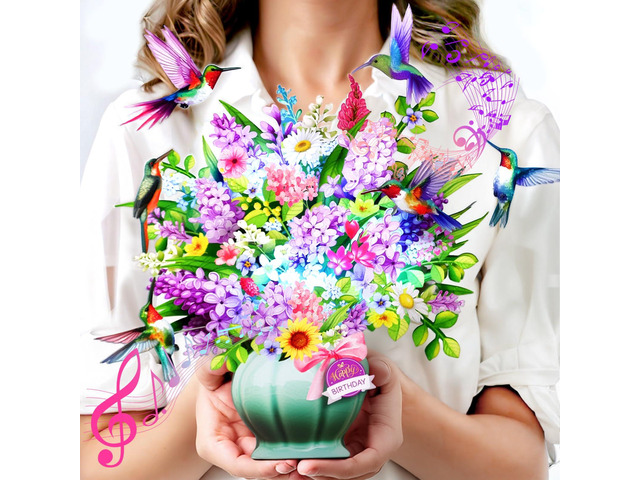 Birthday Cards for Women, Hummingbird Oasis with Light & Music 10 Inch Bouquet Happy Birthday Card, 3D Pop Up Birthday Gift Card for Wife Mom...