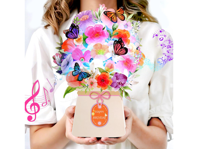 Birthday Cards, Light and Music Happy Birthday Card for Women Lily and Butterflies 10 Inch Forever Flower Bouquet, 3D Pop Up Birthday Gift Card for...