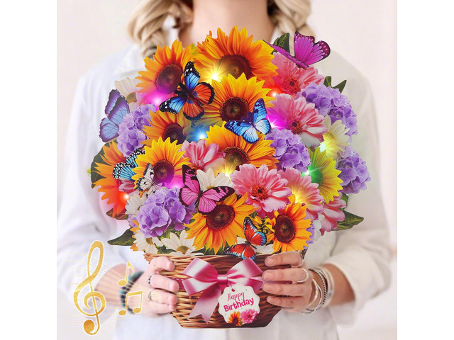 Birthday Card with MUSIC LIGHTS, Pop Up Sunflower Bouquet For Women 10 Inch Life Size, Play Birthday Song, Lights Dance, 3D Paper Forever Flower,...
