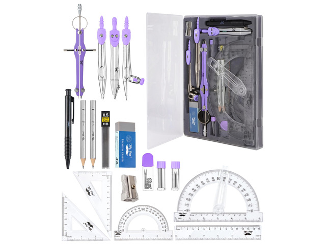 Geometry Set, 15 pcs, Purple, 6 Inch Swing Arm Protractor, Divider Set Squares, Ruler, Compasses and Protractor
