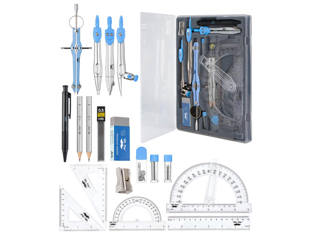 Geometry Set, 15 pcs, Blue, 6 Inch Swing Arm Protractor, Divider Set Squares, Ruler, Compasses and Protractor
