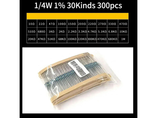 300pcs 1/4W l Film Resistor Kit - 30Values 10R-1M 22 47 1 2 3.3 4.7K 51K 0.25W 1% Tolerance, Electronic Components DIY Set