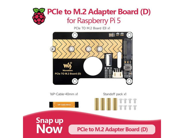 PCIe to M.2 Adapter Board (D) for Raspberry Pi 5, NVMe SSD Support, Compatible with 2280/2260/2242/2230 Sizes