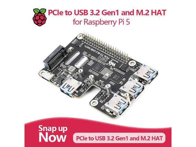 PCIe to USB 3.2 Gen1 and M.2 HAT for Raspberry Pi 5, supports NVMe protocol solid state drives with high-speed reading.
