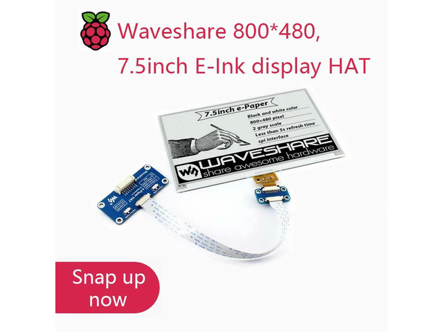 Waveshare 800*480,7.5inch E-Ink Display HAT for Raspberry Pi 2B/3B/Zero/Zero W,Two-color:Black White,SPI interface,No Backlight