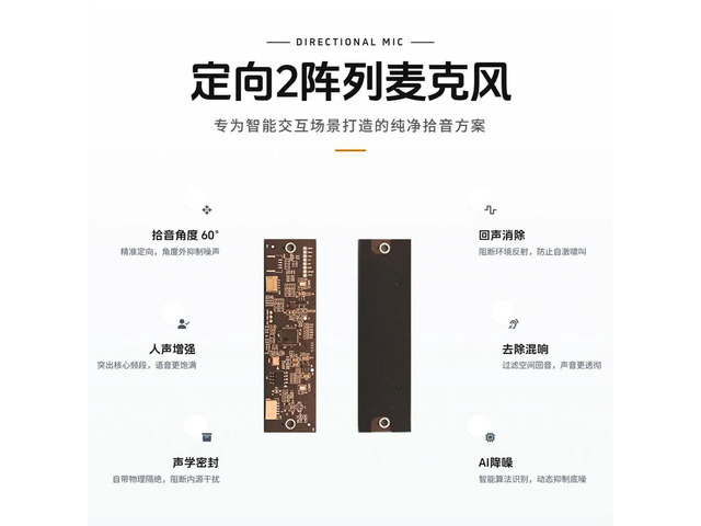2-array micro 60degree directional pickup echo cancellation noise suppression AI-powered noise reduction source localisation
