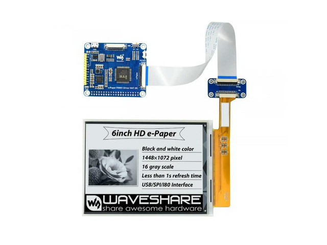 Waveshare 6inch HD e-Paper HAT 1448×1072 High Definition E-Ink Display HAT Black/White 16 Gray Scale
