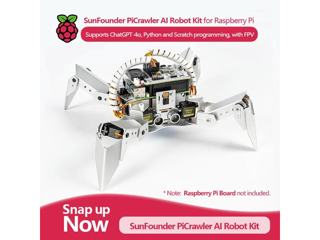 AI Robot Kit for RPI, supports ChatGPT-4o, Python/Scratch, and FPV (Pi not included), SunFounder PiCrawler AI Robot