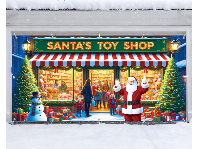 Santa's Workshop Garage Door Cover - 7x16Ft Christmas Holiday Decor with 4x6m Ribbon Strings Polyester Santa & Elves Scene for Home, Church,...