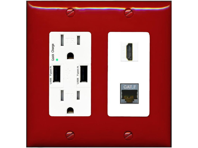 HDMI and Cat7 Ethernet Wall Plate - USB Charger Outlet [Red/White]