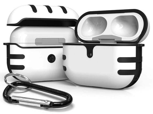 Rugged Hybrid Case for Apple Airpods Pro - White/Black with Carabiner Keychain Clip, Fits Airpods Pro 1st Gen via 2019 (A2084, A2083)