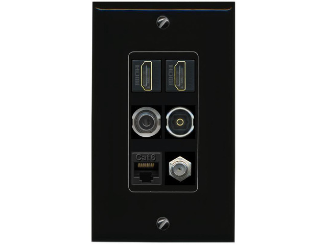 2 Port HDMI 1 Coax CAT6 3.5mm Toslink Jack Wall Plate - 1 Gang Decorative [Black/Black]