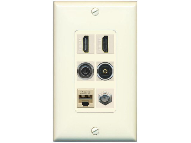 2 Port HDMI 1 Coax CAT6 3.5mm Toslink Jack Wall Plate - 1 Gang Decorative [Light-Almond]