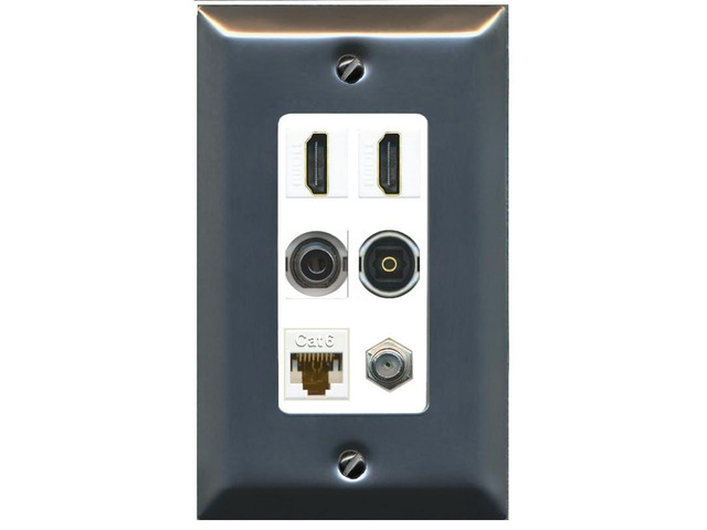 2 Port HDMI 1 Coax CAT6 3.5mm Toslink Jack Wall Plate - 1 Gang Decorative [Stainless/White]