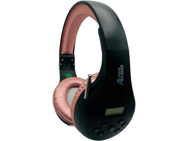 FM Radio Headphones, Black & Rose Gold Adjustable, Pull-Out Antenna, Portable Personal Radio, Battery Powered, 2 AA Batteries Not Included
