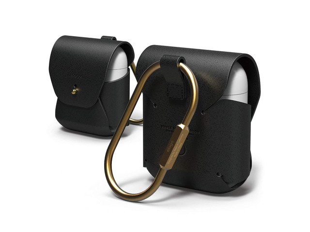 Genuine Leather Case for AirPods 1 & 2 Natural Cowhide Leather Case with Brass Ring Holder, Supports Wireless Charging [Black]