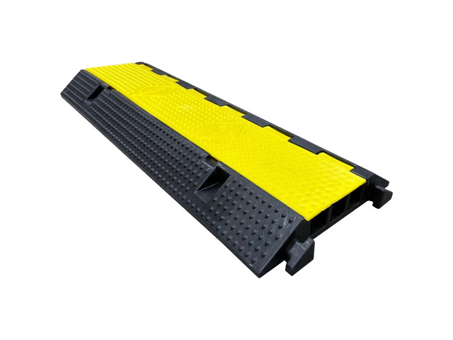 1.2 Inch Hose and Pipe Ramp 3 Channel Traffic Cable Protector Wire Cord Cover 10,000 lbs per Axle - Rubber Black Base/Yellow Lid