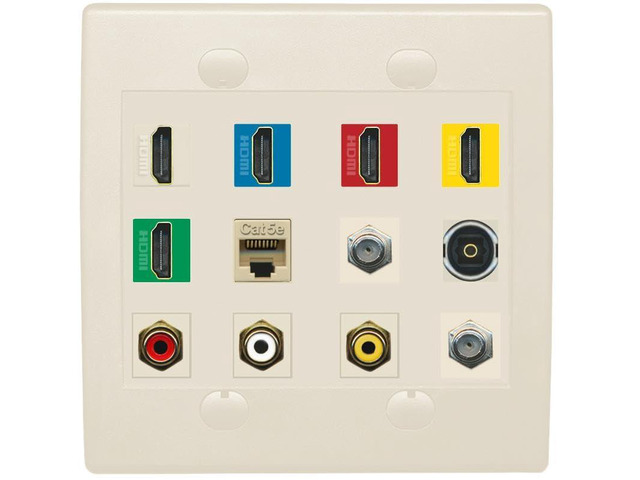 5 x HDMI (Red-Blue-White-Yellow-Green) Cat5e 2 Coax Toslink 3xRCA Composite Wall Plate - Flat 2 Gang [Light Almond]