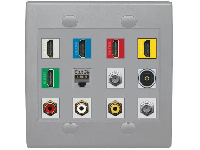 5 x HDMI (Red-Blue-White-Yellow-Green) Cat5e 2 Coax Toslink 3xRCA Composite Wall Plate - Flat 2 Gang [Gray/Gray]
