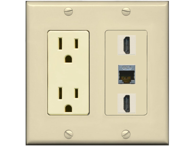 15 Amp Power Outlet 2 Port HDMI 1 Port Shielded Cat6 Decorative Wall Plate - Ivory