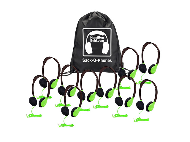 Sack-O-Phones, 10 Personal Headphones in a Carry Bag, Green, 10PK