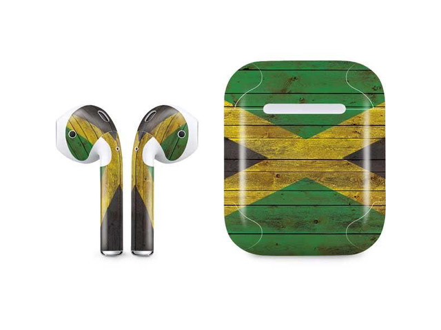 Decal Audio Skin Compatible with Apple AirPods - Jamaican Flag Dark Wood Design