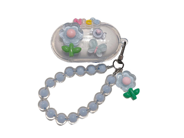 Case for Samsung Galaxy Buds+ Plus, Lovely Clear Nice Light Blue Flower Pattern Case with Pendant Accessories Case for Samsung Galaxy Buds+ Plus