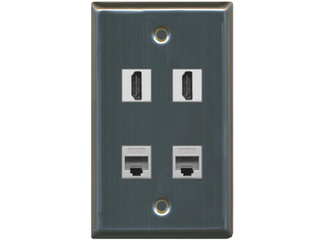 2 Port HDMI 2 Port Cat6 Ethernet Wall Plate - Stainless Steel/Gray