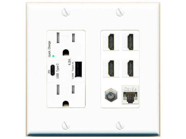 USB Charger Outlet 15A/125V USB A/USB-C Ports 4 HDMI 1 Cat5e Ethernet 1 Coax Cable Decorz White Wall Plate