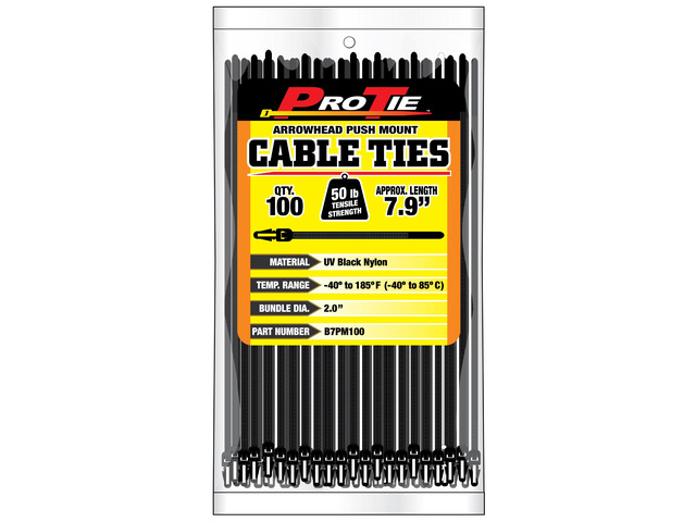 Pro Tie Arrowhead Push Mount Nylon Cable Ties for Indoor and Outdoor Use 7.9-Inch, 50 lbs. Tensile Strength, UV Black Nylon, 100-Pack (PN: B7PM100)