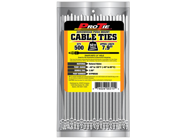 Pro Tie Arrowhead Push Mount Nylon Cable Ties for Indoor and Outdoor Use 7.9-Inch, 50 lbs. Tensile Strength, Natural Nylon, 500-Pack (PN: N7PM500)