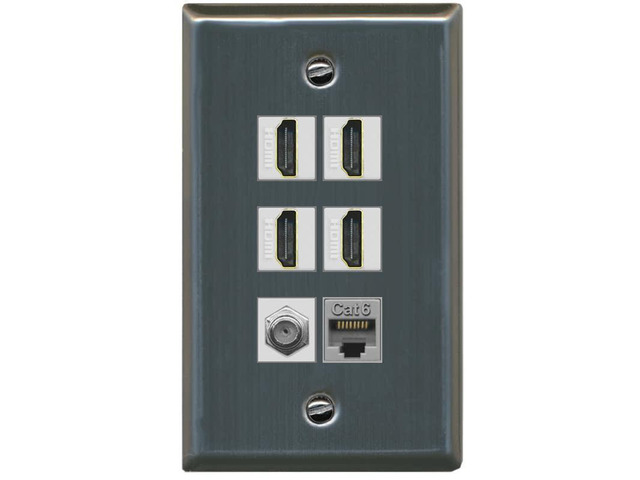 4 Port HDMI 1 Coax Cable TV- F-Type 1 Cat6 Ethernet Wall Plate - (1 Gang-Stainless Steel)