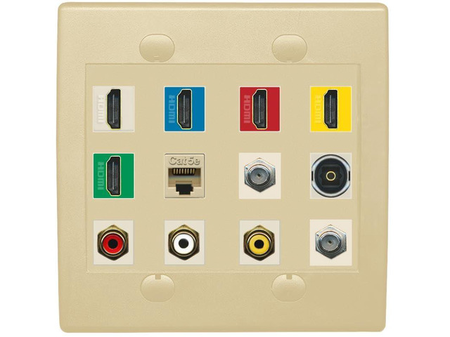 5 x HDMI (Red-Blue-White-Yellow-Green) Cat5e 2 Coax Toslink 3xRCA Composite Wall Plate - Flat 2 Gang [Ivory/Ivory]