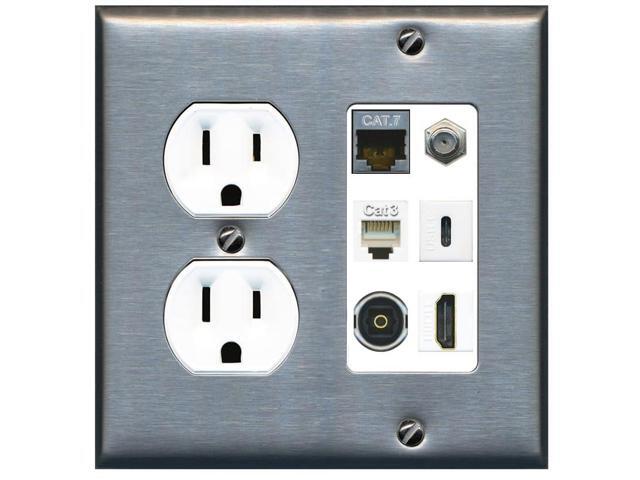 Cat7 Coax HDMI Phone Toslink USB-C Wall Plate - Round Outlet [Stainless/White]