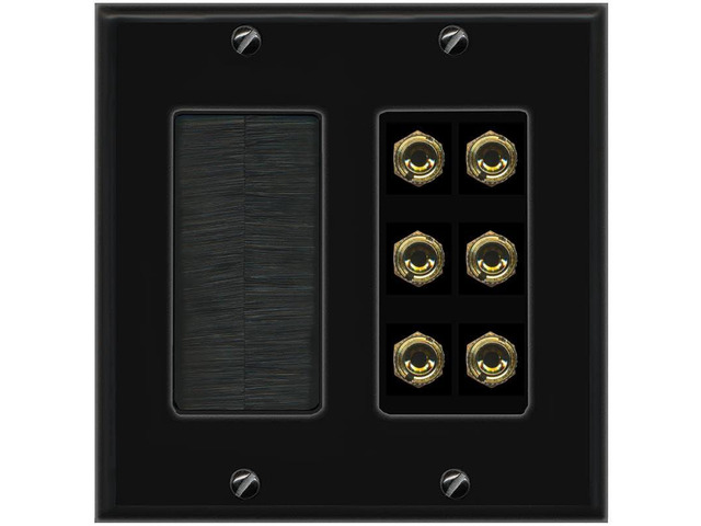 6 Banana 3 Speaker Surround Female Coupler Binding Post Wall Plate - Brush [Black/Black]