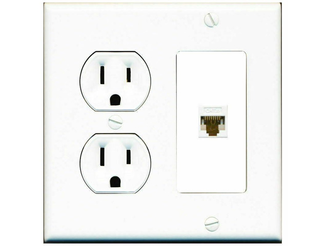 [2 GANG] 15 Amp Round Power Outlet CAT6 Combination Wall Plate White