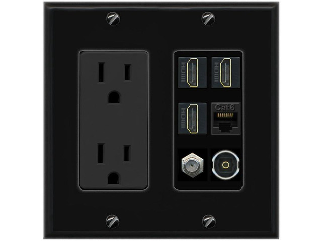 3 Port HDMI 1 Coax TV F-Type Cat6 Ethernet Toslink Optical Wall Plate - Outlet [Black/Black]